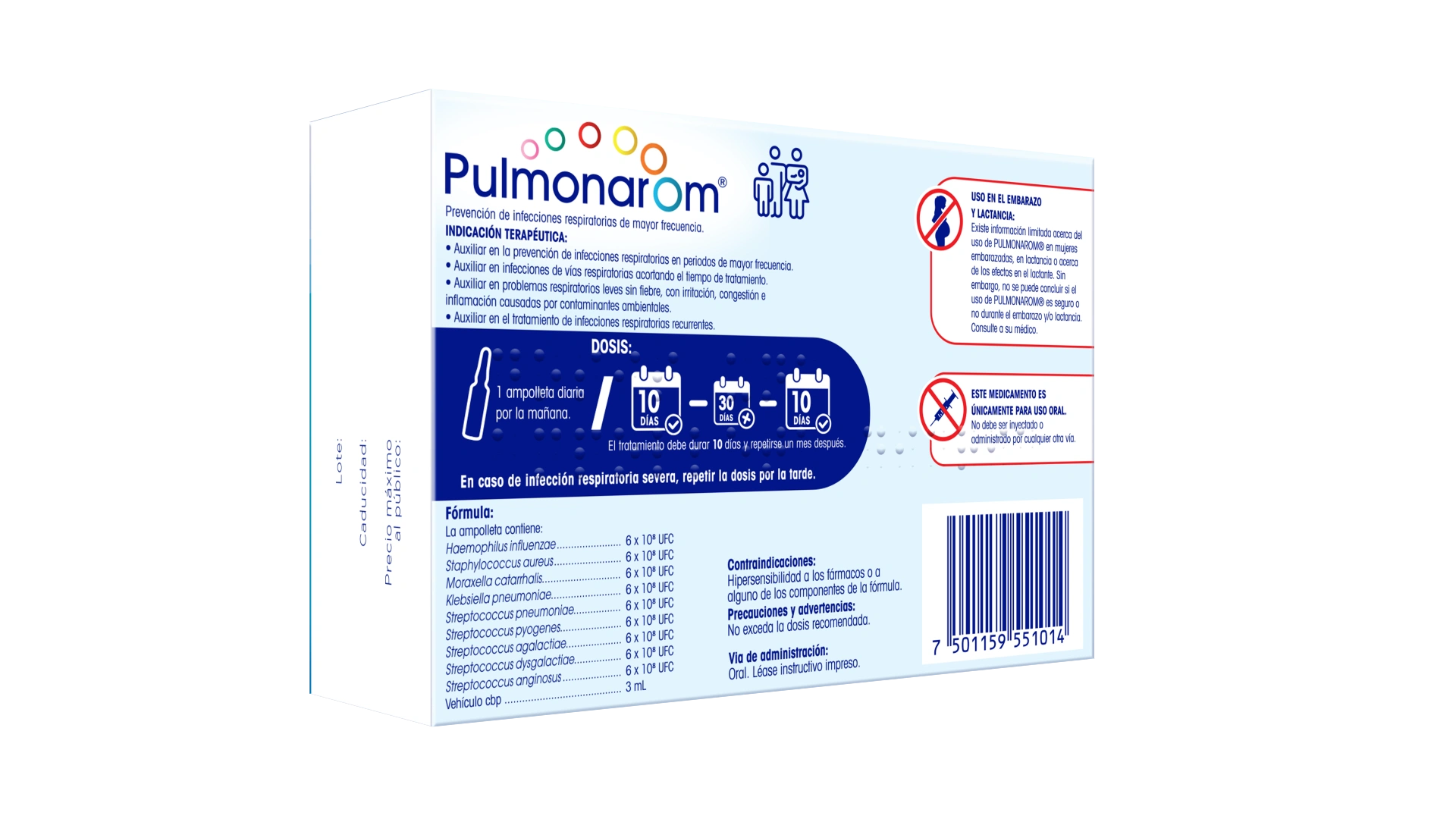 Caja de Pulmonarom® vista posterior con indicación terapéutica, dosis y código de barras