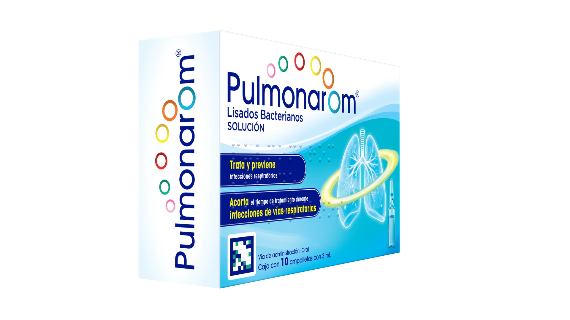 Caja de Pulmonarom® girada mostrando el costado izquierdo hacia la vista frontal