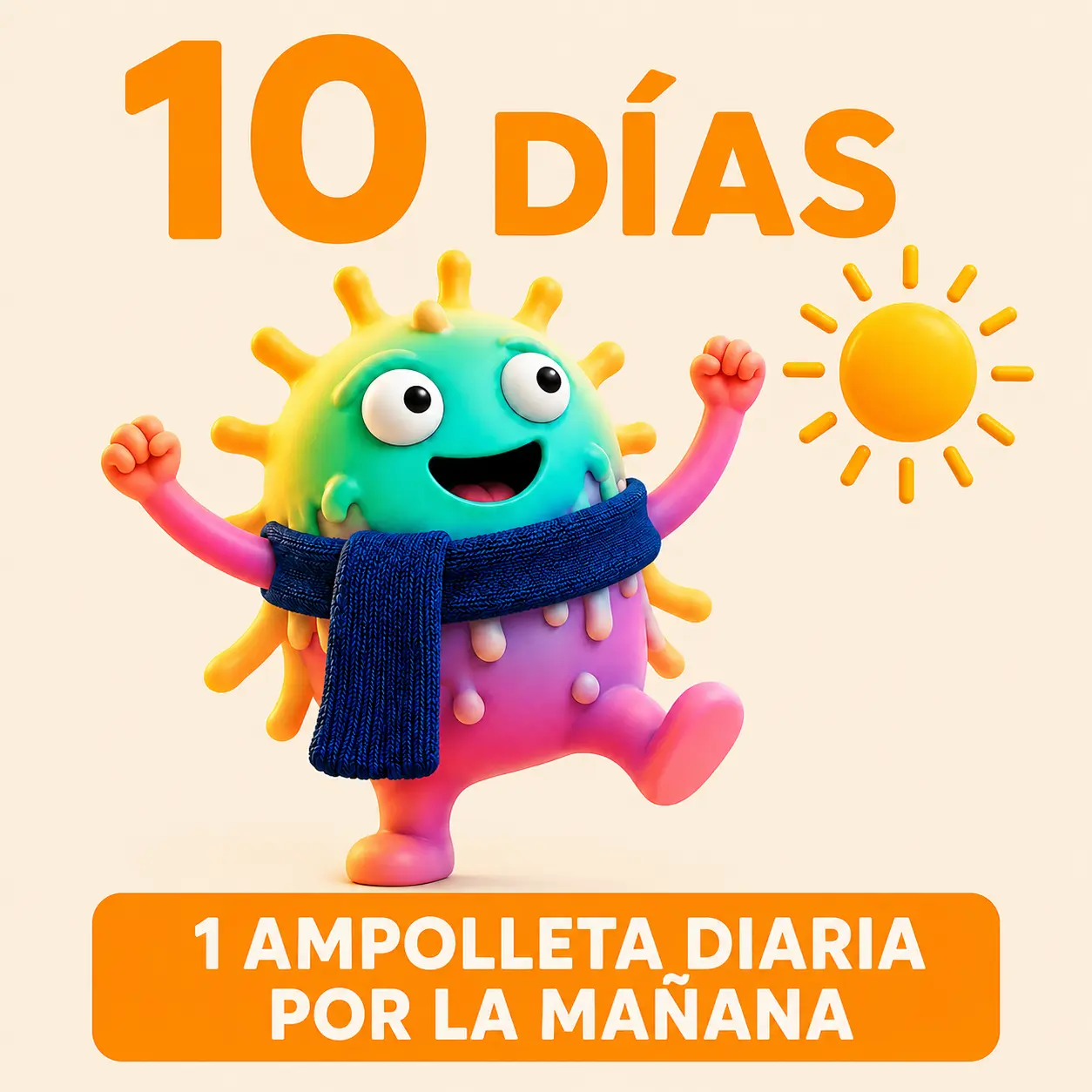Personaje animado celebrando bajo el sol, segundo ciclo de 10 días con ampolleta diaria
