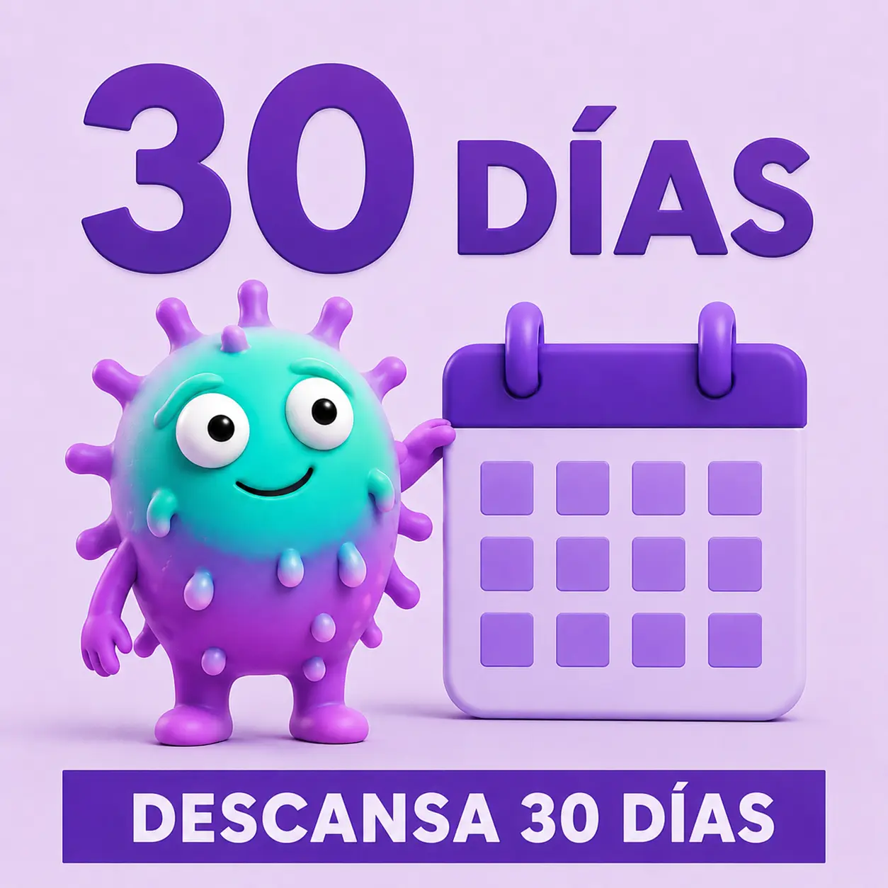 Personaje animado junto a un calendario, representando los 30 días de descanso