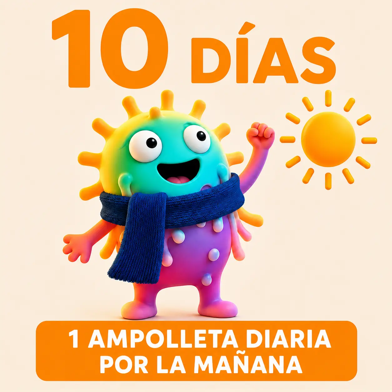 Personaje animado celebrando bajo el sol, día 1 del tratamiento con ampolleta diaria