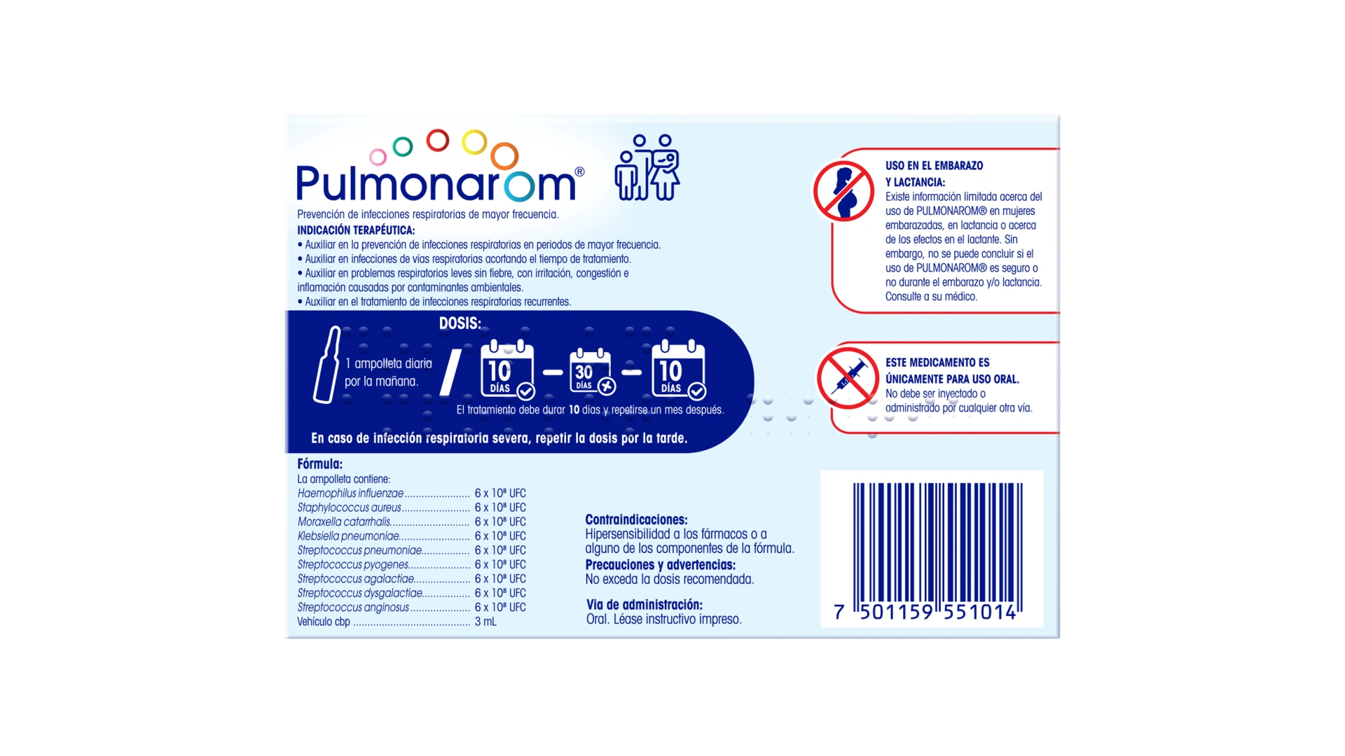 Caja de Pulmonarom® vista posterior completa con fórmula, contraindicaciones y código de barras