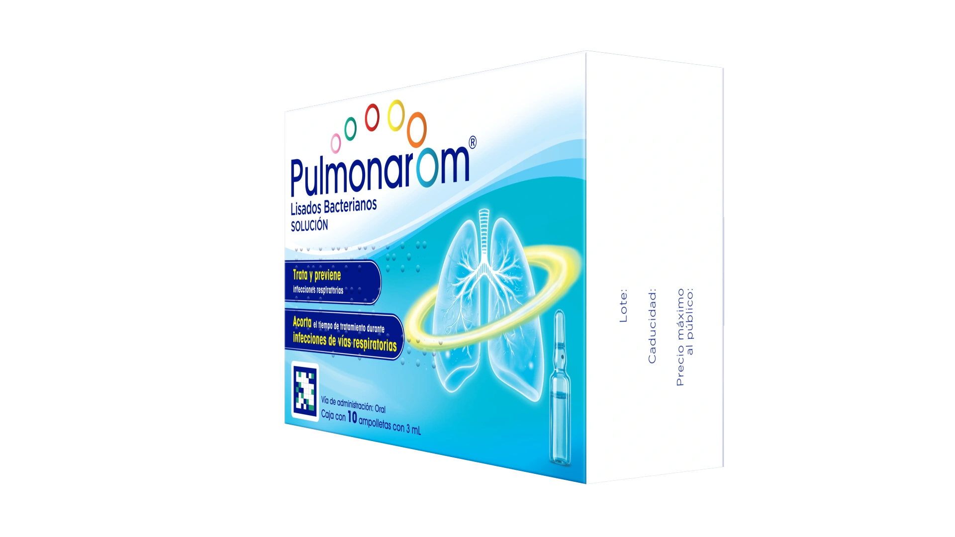 Caja de Pulmonarom® girada mostrando el costado con lote, caducidad y precio máximo al público